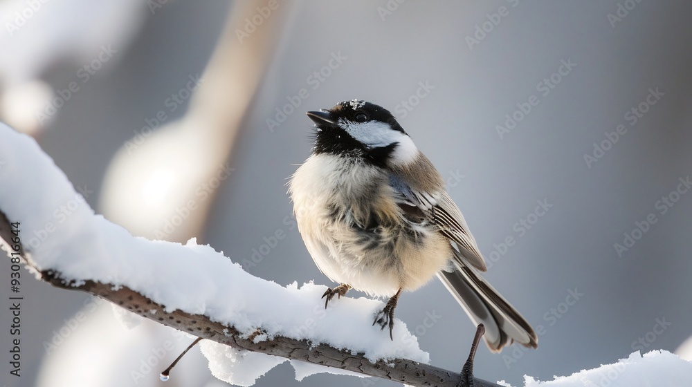 Chickadee perched on a snowy branch its small body puffed up against the cold Chickadee perched on a snowy branch its small body puffed up against the cold