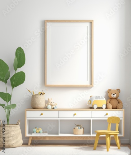 Mock up frame in children room with natural wooden furniture, 3D render