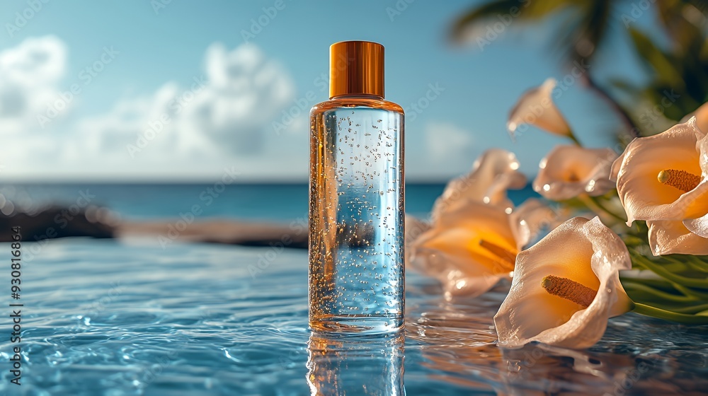Obraz premium Elegant cosmetic bottle with a gold cap stands on a wet surface next to orange calla lilies with a tropical ocean background.