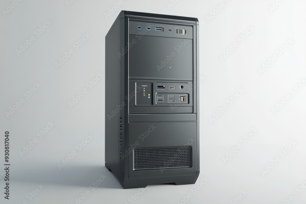Black Computer Tower with Front Panel Ports and Vents Black Computer Tower with Front Panel Ports and Vents