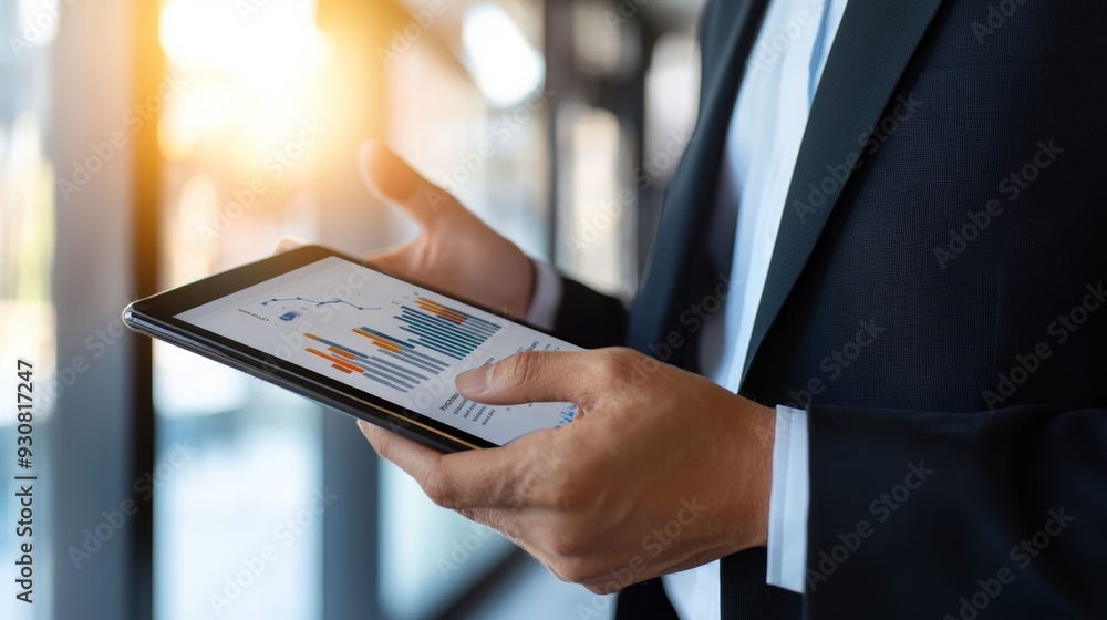 A man in a suit holding a tablet with a graph on it A man in a suit holding a tablet with a graph on it