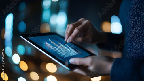 A woman is holding a tablet and touching the screen