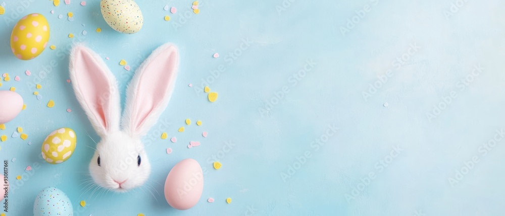 Obraz premium Easter Bunny with Decorated Eggs and Confetti on a Blue Background