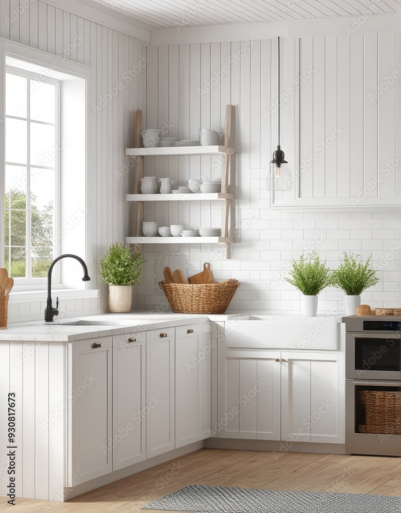 farmhouse kitchen interior, 3d rendered white frame mockup farmhouse kitchen interior, 3d rendered white frame mockup