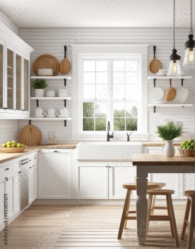 farmhouse kitchen interior, 3d rendered white frame mockup
