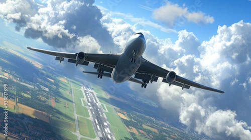 Airplane Landing on Runway with Clouds and Landscape Below