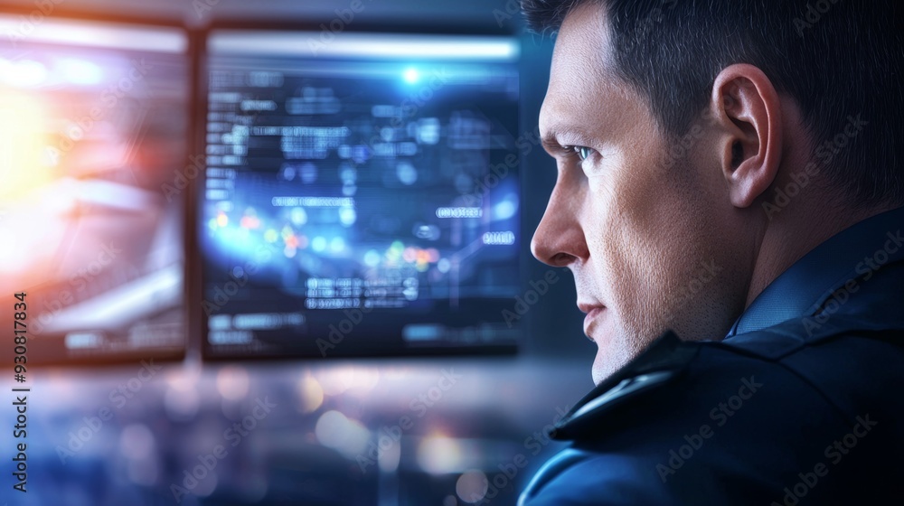 A man is looking at a computer screen with two monitors A man is looking at a computer screen with two monitors