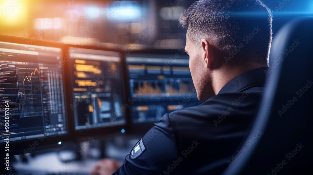 A man is sitting in front of a computer monitor with a black shirt on A man is sitting in front of a computer monitor with a black shirt on