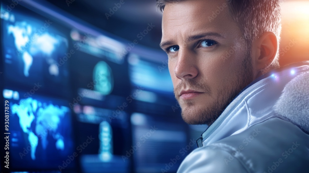 He is wearing a white jacket and he is focused on the screen He is wearing a white jacket and he is focused on the screen
