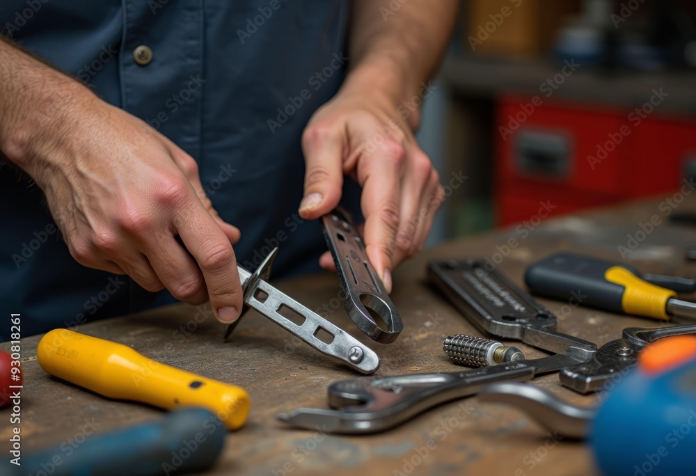 Working with Tools on Wooden Workbench Working with Tools on Wooden Workbench