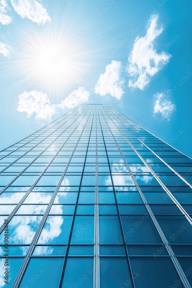 Low angle view of skyscraper with glass windows and blue sky background for business, trade and finance concept Low angle view of skyscraper with glass windows and blue sky background for business, trade and finance concept