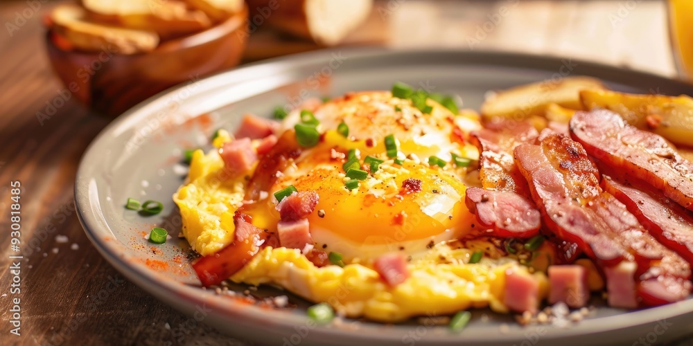 Scrambled egg topped with pepper served with ham bacon sausage and home fries Scrambled egg topped with pepper served with ham bacon sausage and home fries
