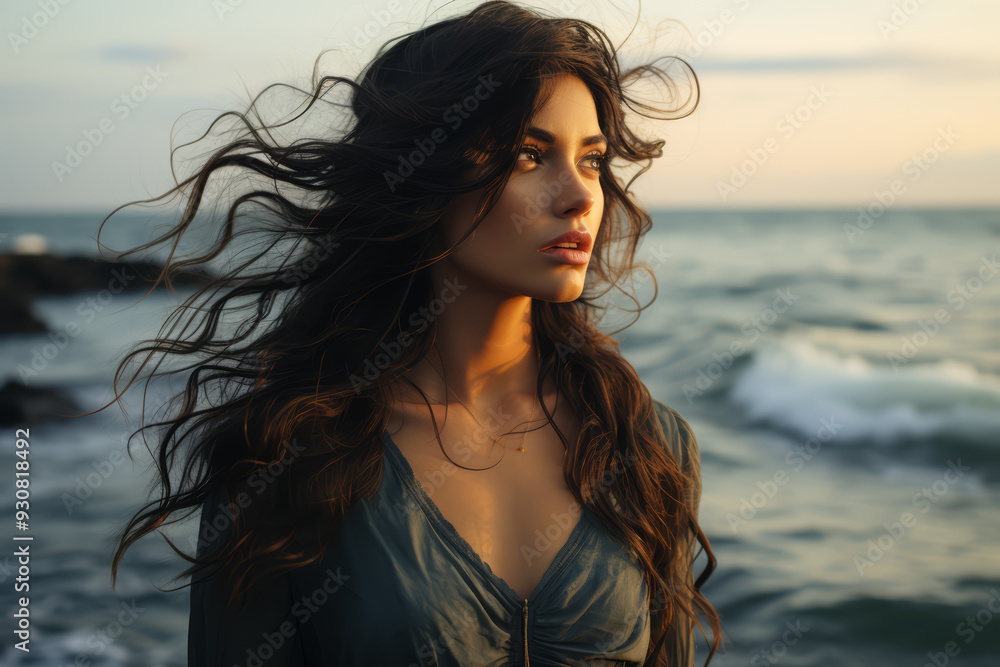 A person's wavy, black hair blowing gently in the ocean breeze while they stand on the shore. Concept of nature and freedom. Generative Ai A person's wavy, black hair blowing gently in the ocean breeze while they stand on the shore. Concept of nature and freedom. Generative Ai
