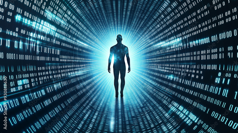 A solitary figure walks towards the light in a binary code tunnel. A solitary figure walks towards the light in a binary code tunnel.