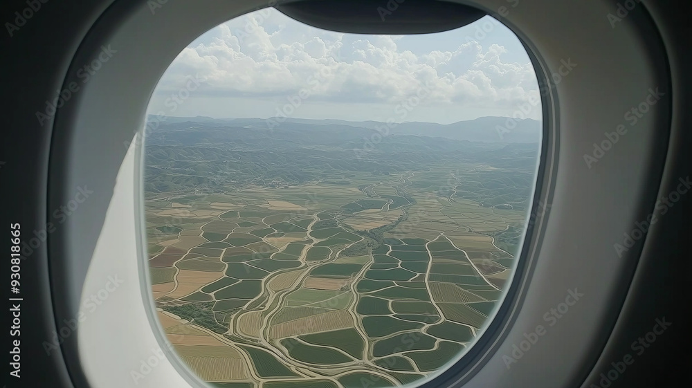 Fototapeta premium Aerial view of patchwork farmland through airplane window.