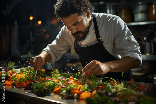 A chef with sleek, black hair expertly plating a gourmet dish in a high-end kitchen. Concept of culinary art and precision. Generative Ai.