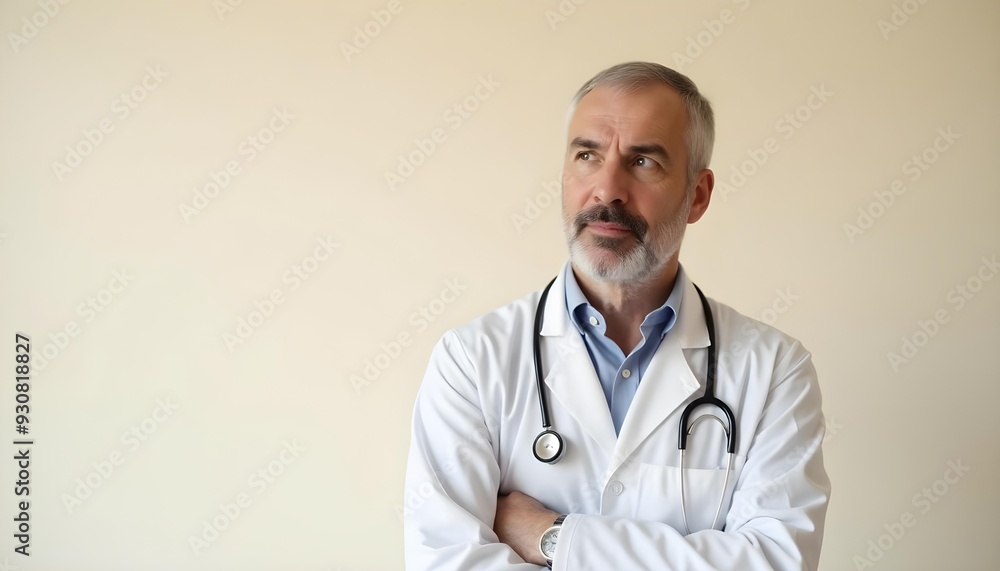Thoughtful senior male doctor in white coat with stethoscope, standing with arms crossed, healthcare and medical professional Thoughtful senior male doctor in white coat with stethoscope, standing with arms crossed, healthcare and medical professional