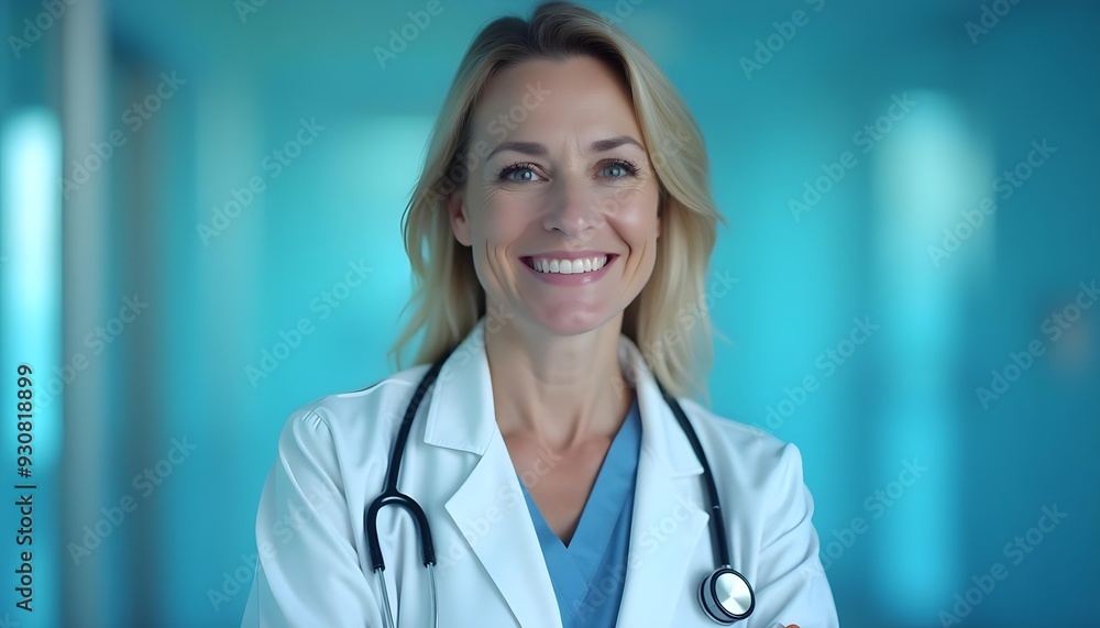 Smiling female doctor in white coat with stethoscope, standing confidently in hospital hallway, healthcare professional	