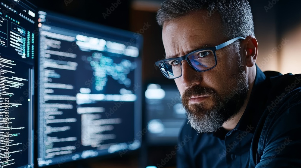 A man with glasses is staring at a computer screen with a lot of text on it A man with glasses is staring at a computer screen with a lot of text on it