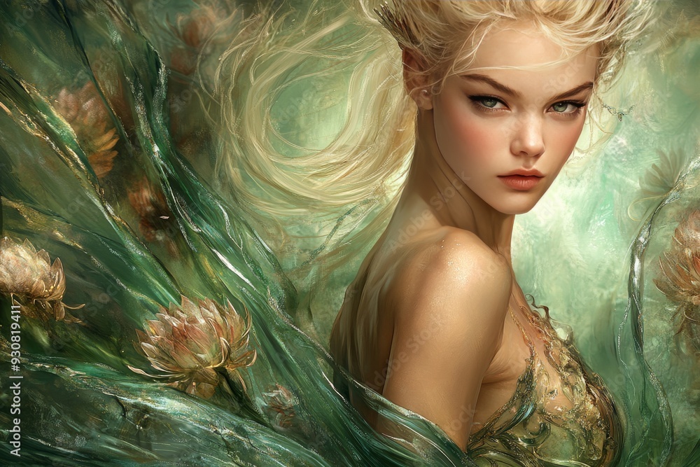 Vivid portrait of a fantasy woman her ethereal beauty encapsulated by swirling green elements evoking a mystical aura Vivid portrait of a fantasy woman her ethereal beauty encapsulated by swirling green elements evoking a mystical aura
