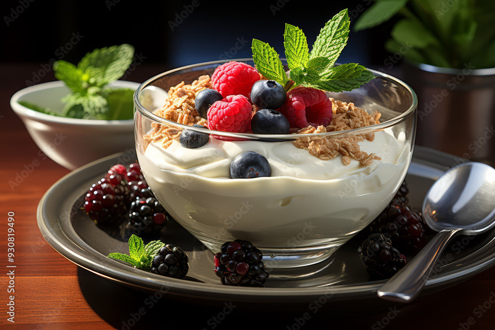 A bowl of yogurt topped with granola and fresh fruit, a spoon ready for tiny hands. Concept of healthy snacks and balance. Generative Ai. A bowl of yogurt topped with granola and fresh fruit, a spoon ready for tiny hands. Concept of healthy snacks and balance. Generative Ai.
