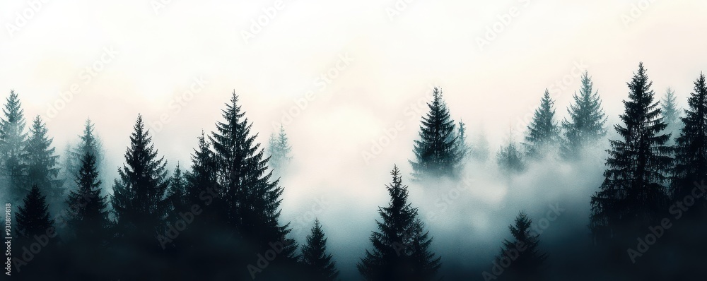 A serene forest landscape shrouded in mist, showcasing tall evergreen trees against a soft, ethereal backdrop. A serene forest landscape shrouded in mist, showcasing tall evergreen trees against a soft, ethereal backdrop.