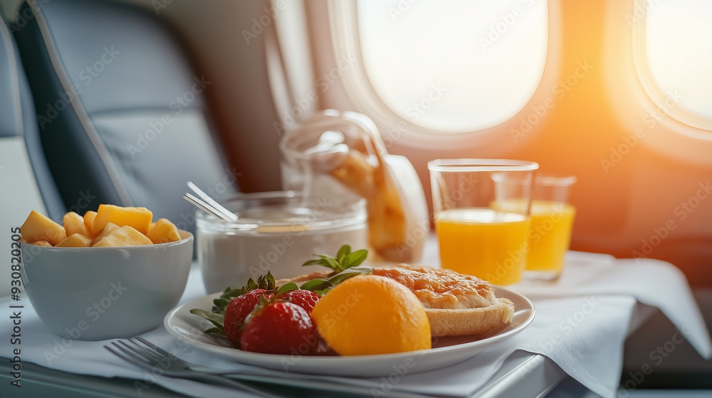 Fresh fruit, pastries, and orange juice served on a plane tray. Fresh fruit, pastries, and orange juice served on a plane tray.