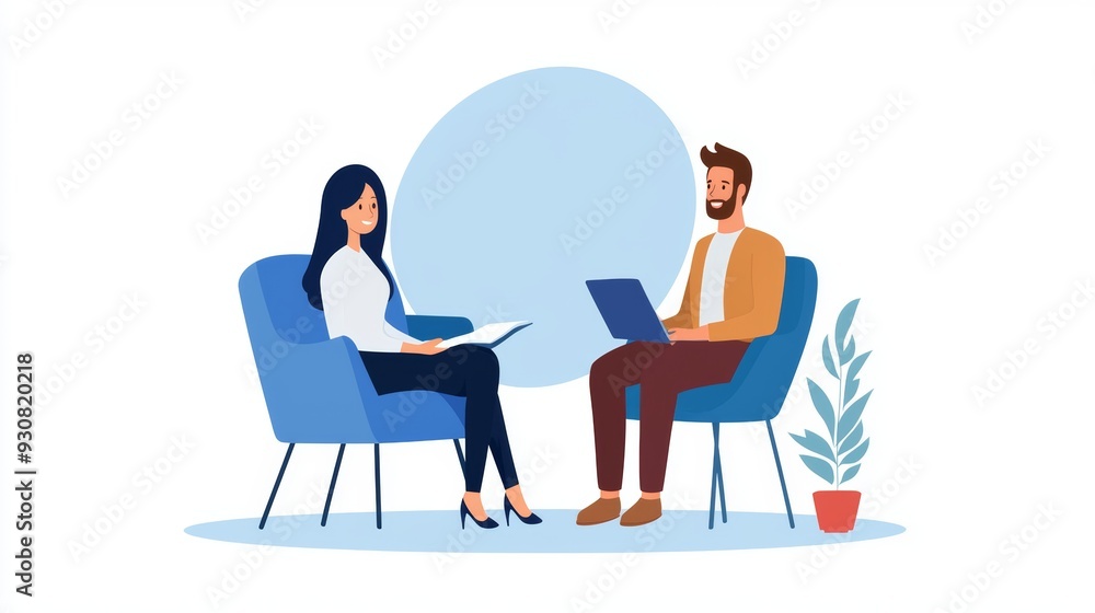 A man and a woman are sitting in chairs, with the man using a laptop A man and a woman are sitting in chairs, with the man using a laptop