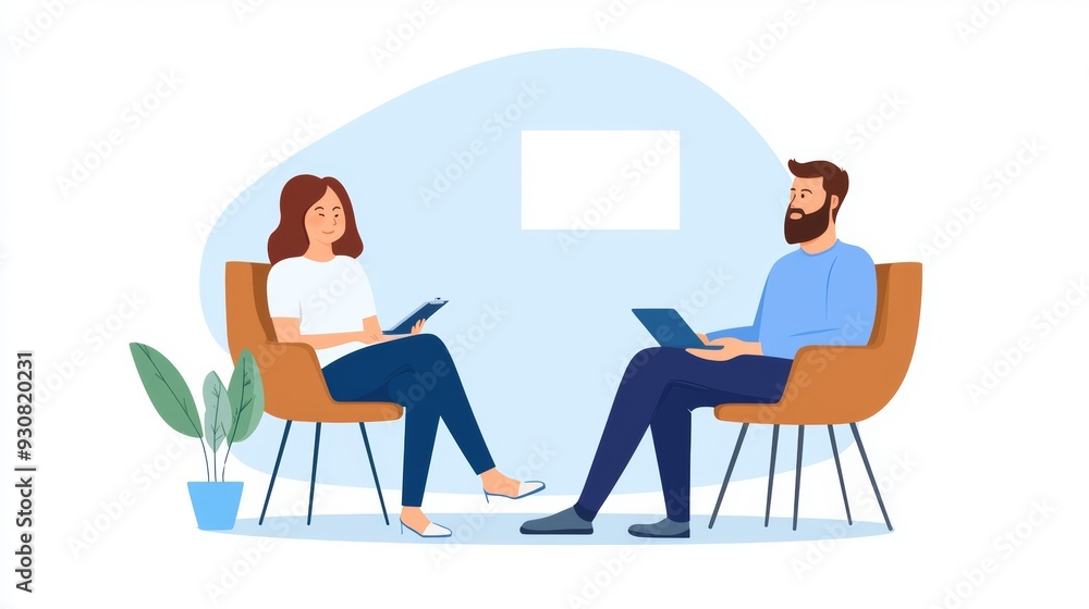 A man and a woman are sitting in chairs, talking to each other A man and a woman are sitting in chairs, talking to each other