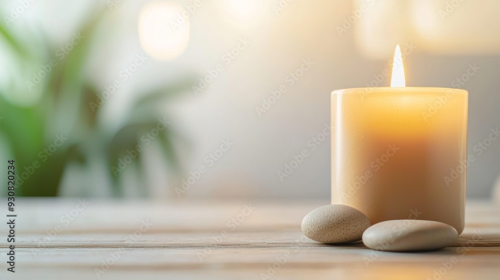 A candle is lit on a wooden table with two white stones next to it A candle is lit on a wooden table with two white stones next to it