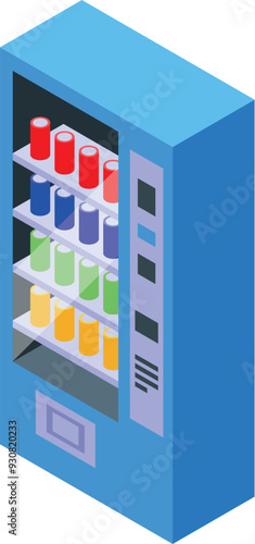 Blue vending machine containing rows of colorful aluminum cans, offering a refreshing selection