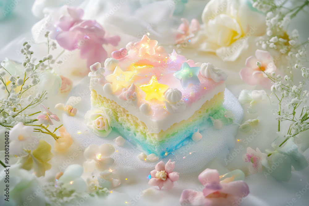A dreamy rainbow cake adorned with sparkling stars and delicate flowers. A dreamy rainbow cake adorned with sparkling stars and delicate flowers.