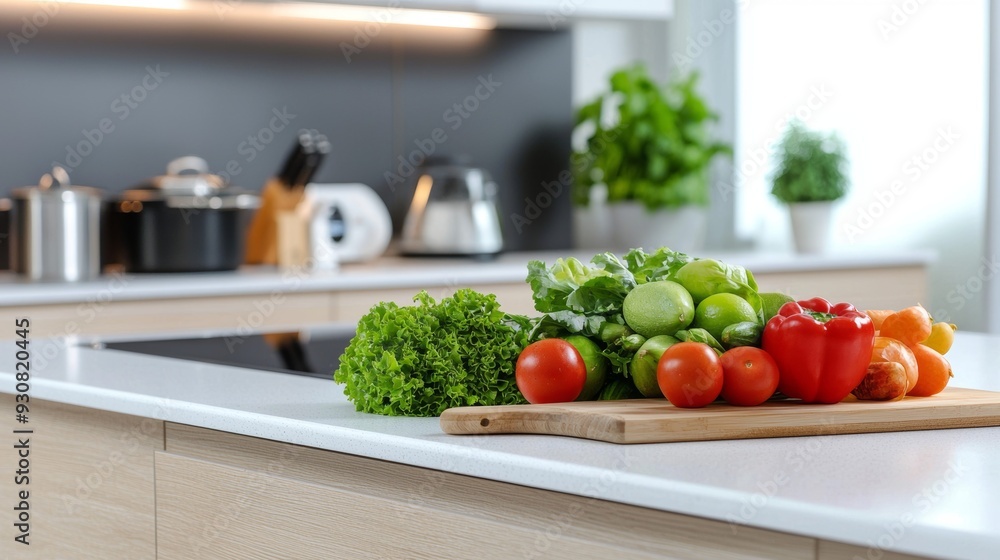 A wooden cutting board with a variety of vegetables on it, including tomatoes A wooden cutting board with a variety of vegetables on it, including tomatoes