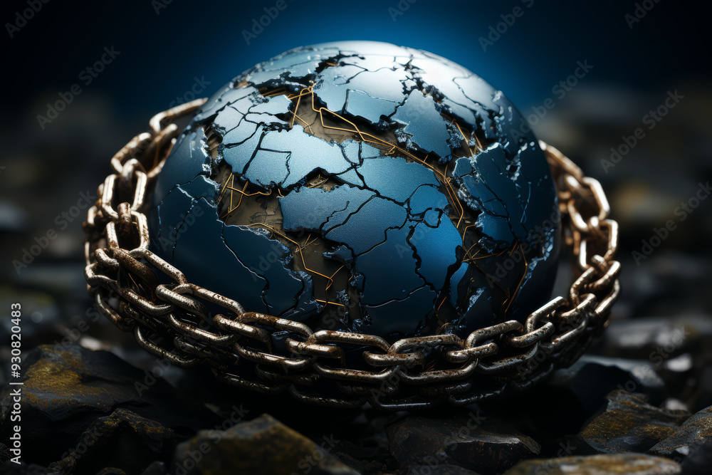 Earth wrapped in a thick chain of iron. Concept of environmental restrictions. Generative Ai. Earth wrapped in a thick chain of iron. Concept of environmental restrictions. Generative Ai.