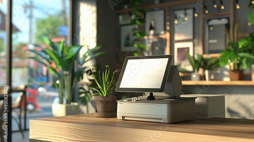 Wallpaper Mural A modern cash register on a wooden table in a cozy caf? setting with plants and decor. Torontodigital.ca