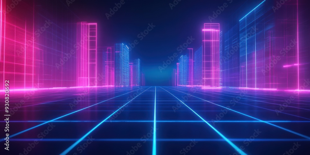Neon Cityscape: A Futuristic Vision of a City Street Illuminated with Vivid Pink and Blue Lights. Neon Cityscape: A Futuristic Vision of a City Street Illuminated with Vivid Pink and Blue Lights.