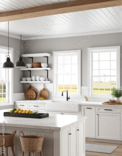 farmhouse kitchen interior, 3d rendered white frame mockup