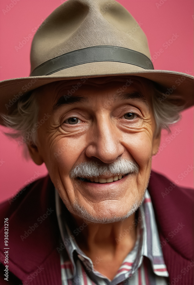 Portrait of an elderly man with gray hair wearing a hat and a bright smile in a studio on a pink background.