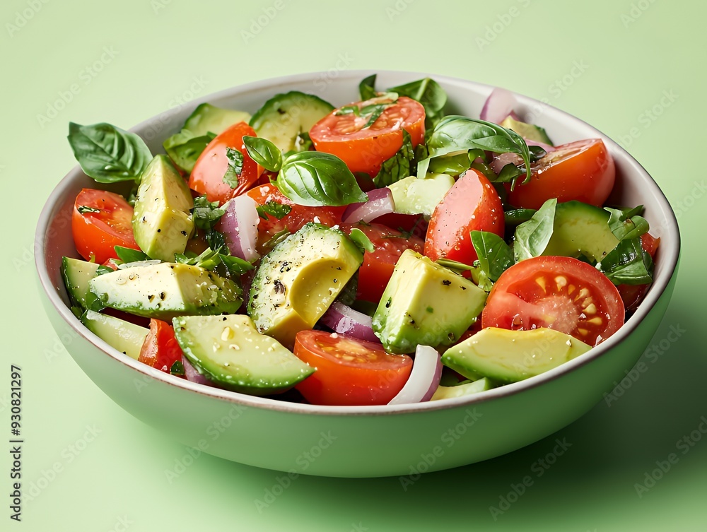 A bowl of fresh salad with avocado, tomatoes, red onion, and basil on a green background. A bowl of fresh salad with avocado, tomatoes, red onion, and basil on a green background.