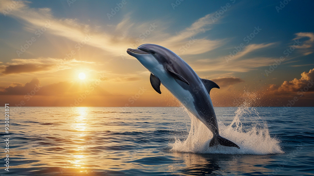 Fototapeta premium Image of a Dolphin breaching out of the water. It captures the majestic moment as the whale leaps into the air, surrounded by splashing water and the sunlit ocean