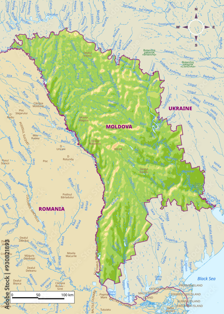 Fototapeta premium Detailed physical map of Moldova
