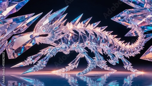 A shimmering glitchy archetypal crystal crawler,mythical creature made of crystals photo