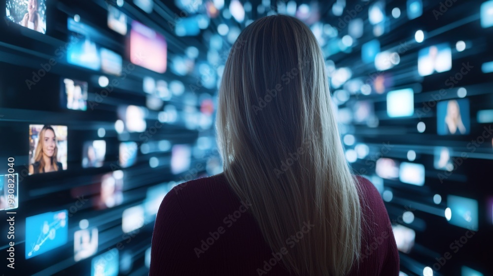 A woman is looking at a computer screen with many pictures on it A woman is looking at a computer screen with many pictures on it