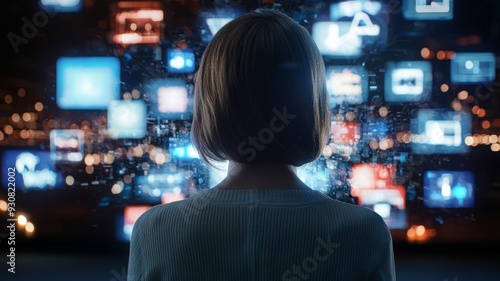 A woman is looking at a computer screen with many different screens