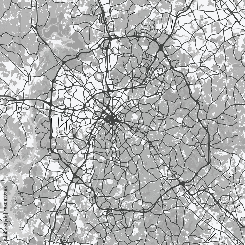 Obraz premium Map of Charlotte in North Carolina in grayscale. Contains layered vector with roads water, parks, etc.