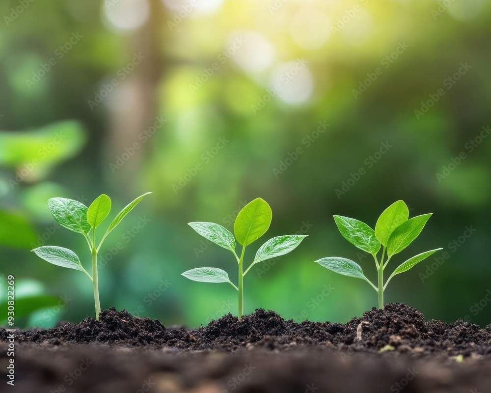 Three young seedlings grow from rich soil, symbolizing renewal and growth in a serene, blurred natural background. Three young seedlings grow from rich soil, symbolizing renewal and growth in a serene, blurred natural background.