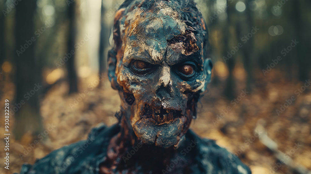 Close-up of a detailed, decaying zombie face.