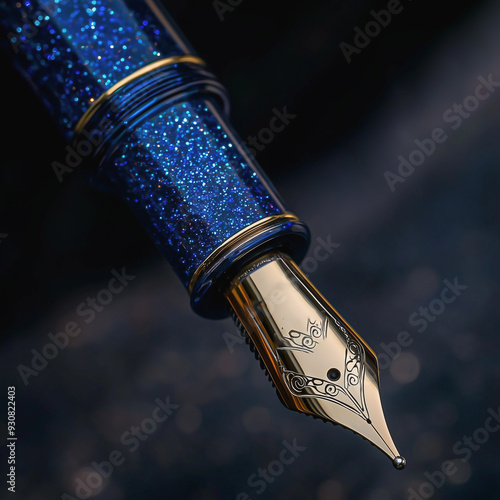 Exquisite fountain pen with intricate gold detailing on a shimmering blue barrel

 photo