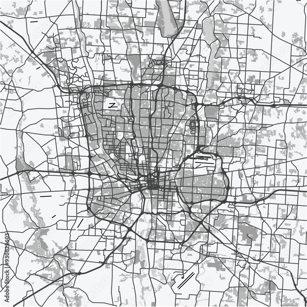Naklejka premium Map of Columbus in Ohio in grayscale. Contains layered vector with roads water, parks, etc.