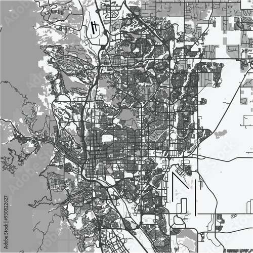 Map of Colorado Springs in Colorado in grayscale. Contains layered vector with roads water, parks, etc.